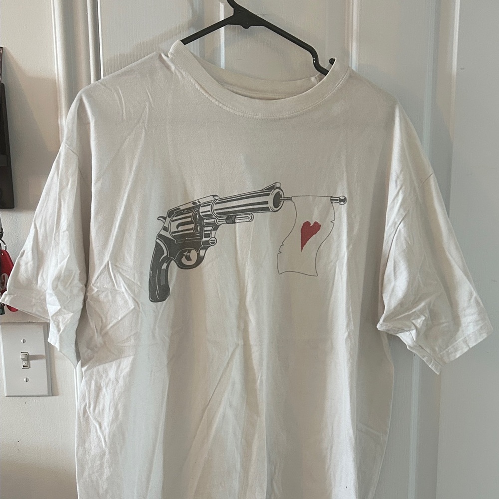 White T-Shirt with Gun and Heart Graphic